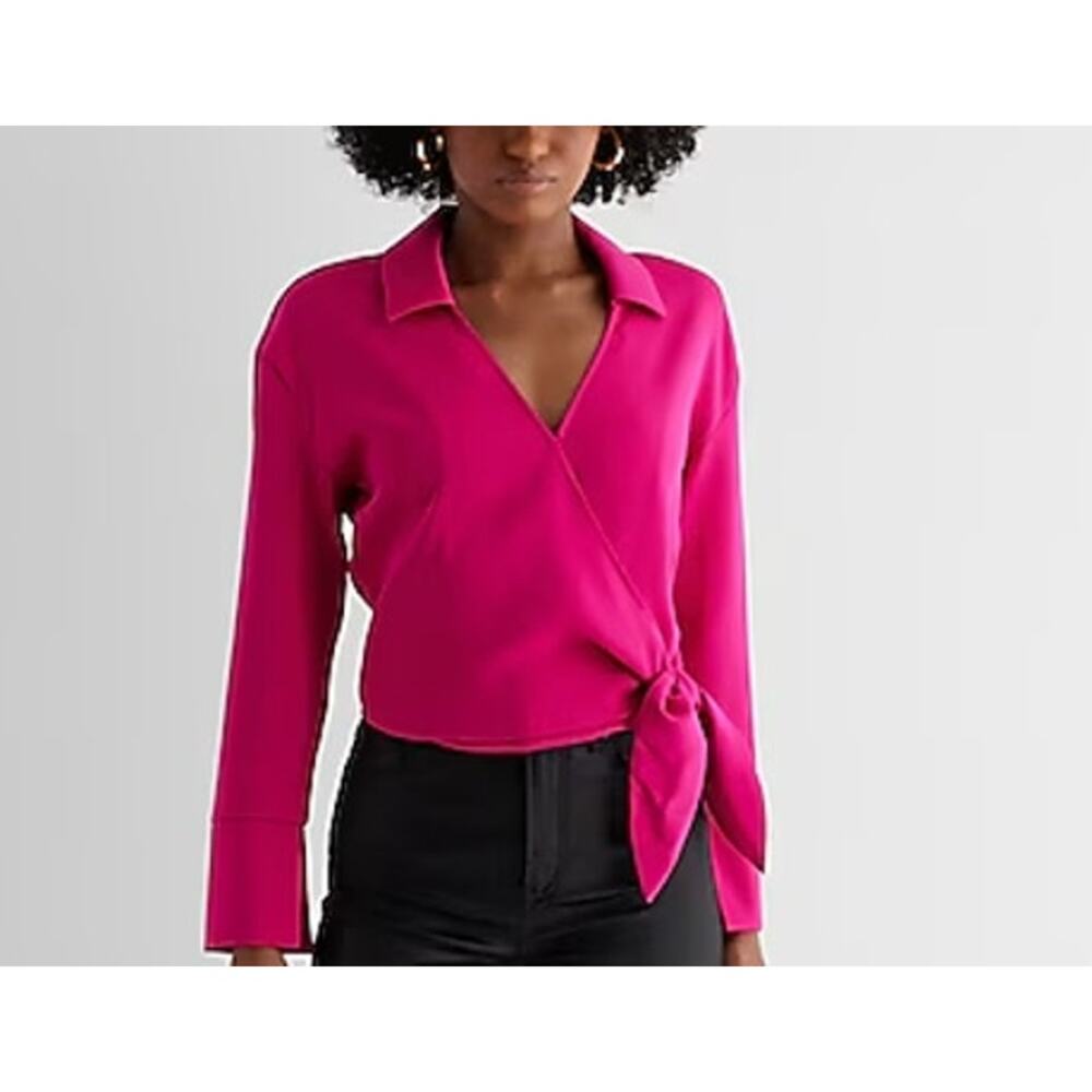 Express Pink Long Sleeve Wrap Blouse